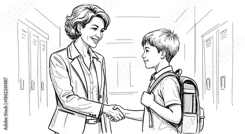 A teacher shaking hands with a young student in a school hallway