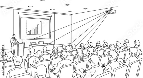 A man presents a bar graph to an audience in a conference room from a projector