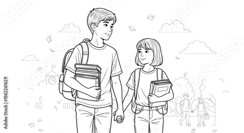 Students walking together, holding hands, and carrying backpacks in a serene landscape