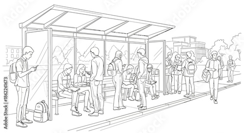Commuters waiting at a bus stop shelter with people standing and sitting in a bustling urban environment