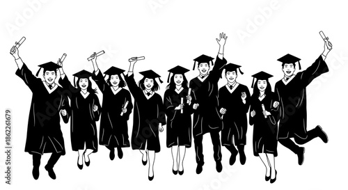 Graduates celebrating their achievement with joy and excitement in a lively illustration