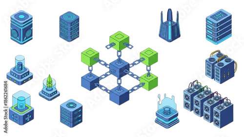 Isometric collection of data servers, blockchain network, and cryptocurrency mining equipment for digital infrastructure concepts