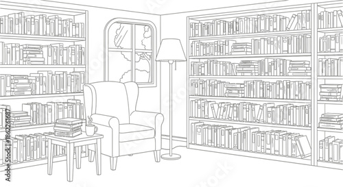 A person relaxing in a cozy library surrounded by books and a lamp, viewed from a calm perspective.