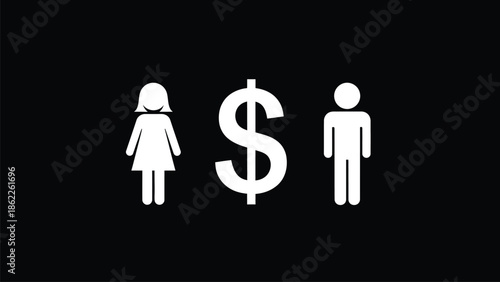 A minimalist depiction showcases a female figure a dollar sign and a male figure against a plain black background symbolizing financial