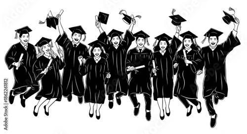 A group of graduates in caps and gowns celebrating their achievement