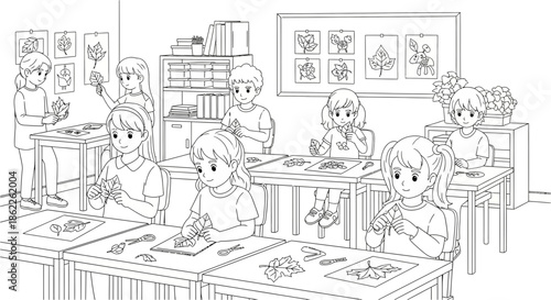 Children engaged in creative arts and crafts activities in a classroom setting