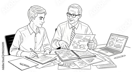 Two men collaborating on a project at a cluttered desk with papers and a laptop