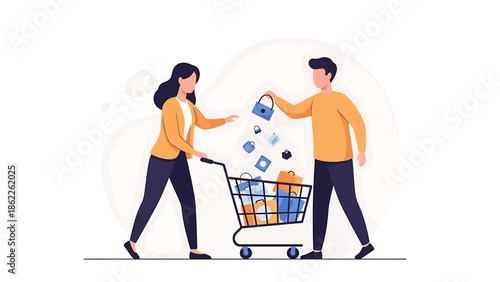 Couple Shopping Together, Exchanging Items Near a Cart