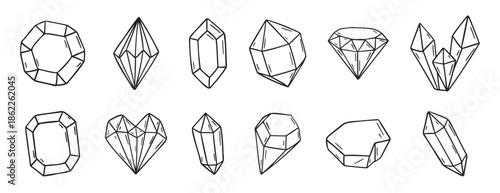 Doodle diamond and crystals doodle hand drawn icon set. Outline drawing line clipart symbol collection