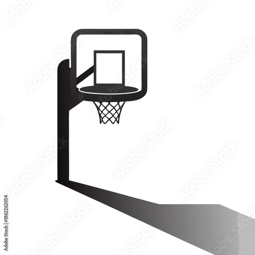 Title: A minimalist black and white of a basketball hoop with a net and a backboard