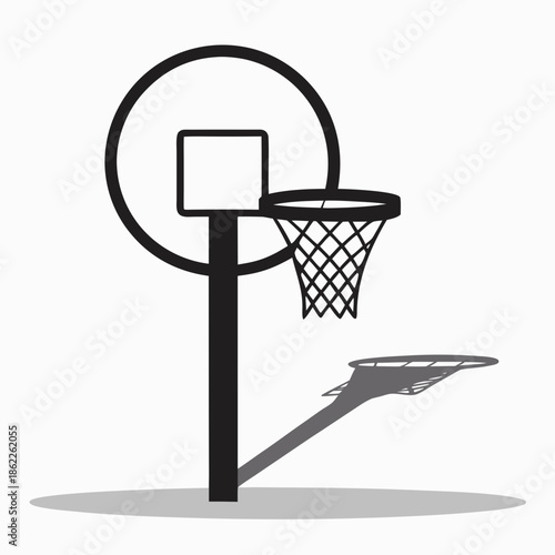 Title: A minimalist black and white of a basketball hoop with a net and a backboard