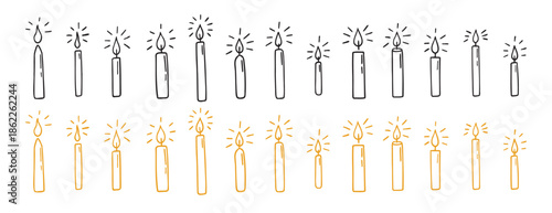 Hanukkah candles doodle hand drawn icon set. Outline Hanukkah candle flame drawing line clipart symbol collection