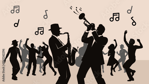Jazz band playing saxophone and trumpet with dancing crowd and musical notes, live music party celebration illustration.