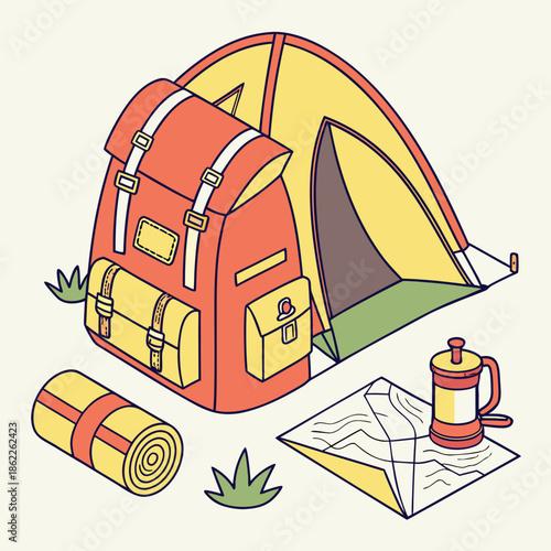 Title: A colorful of a tent with camping gear including a backpack, sleeping bag, thermos, and a map