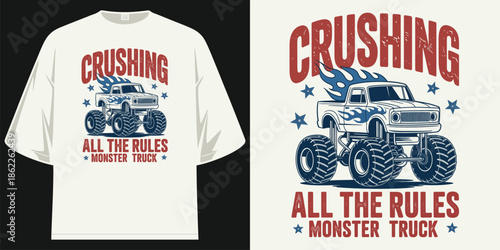crushing all the rules vintage monster truck 4x4 offroad graphic apparel clothing t shirt design vector illustration artwork