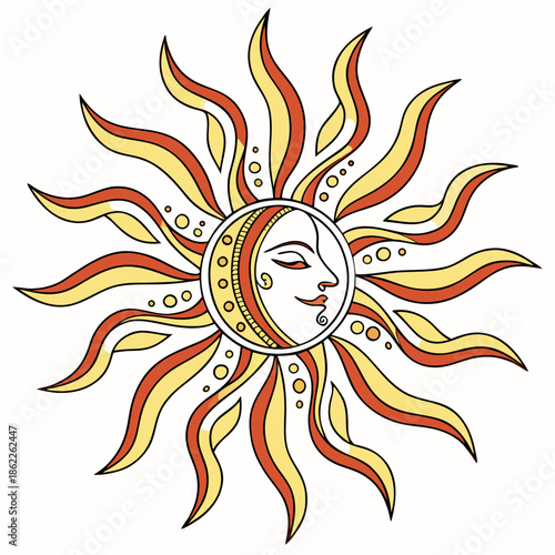 Title: A stylized of a sun with a face and rays emanating from it abstract
