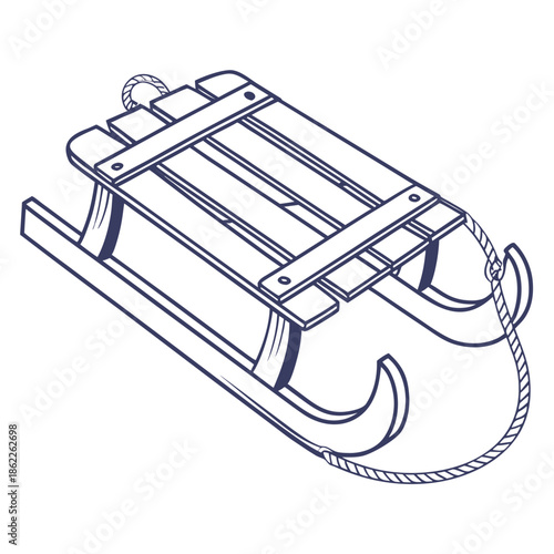 Title: A black and white line of a wooden sled with a rope handle and a flat seating area