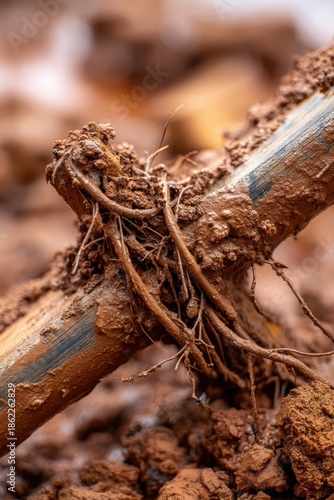 Roots intertwine with pipe in muddy ground during wet season in outdoor area