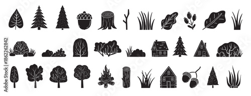 Scandinavian boho forest silhouette isolated elements. mystical and elegant collection various plants forest. Trees, bush, grass, logs, leaves