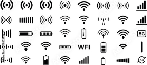 Wireless technology icons signal strength wifi network symbols communication digital data transfer