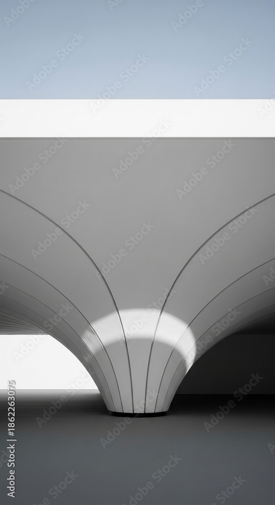 Fototapeta premium Abstract image of white architectural structure, showcasing curved lines and shadow play, creating a minimalist and modern aesthetic, ideal for design or architecture presentations