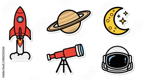 A vibrant illustration of space exploration featuring a rocket, planet, moon, telescope, and astronaut helmet.