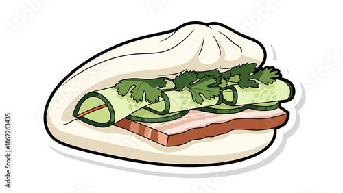 Delicious Steamed Bun Filled with Pork, Cucumber, and Cilantro, Presented as a Vector Illustration