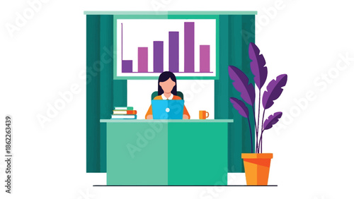 a modern office reception area features a woman working on a laptop with a data visualization backdrop