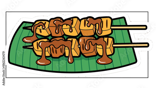 Savory Grilled Skewers with Rich Peanut Sauce Served on a Banana Leaf – An Appetizing Street Food Vector Illustration