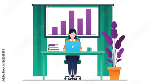 A woman working remotely at a desk analyzing data charts on her laptop and a nearby screen