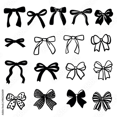 Bow icons set with black ribbon bows in outline and silhouette styles. Decorative bow collection isolated on transparent background, perfect for gift wrapping, invitations, scrapbooking, branding