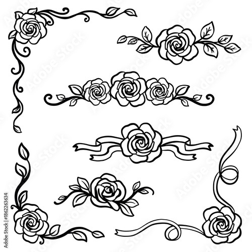 Elegant floral frame line art set. Hand drawn roses, borders and decorative elements isolated on transparent background, perfect for invitations, wedding design, cards, branding and vintage projects.