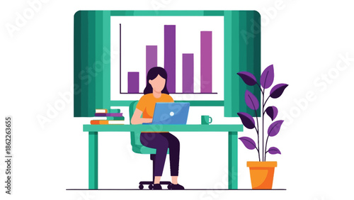 A woman diligently works on her laptop at a desk analyzing data displayed on a screen in the background