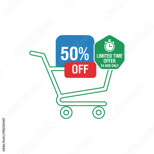 Shopping Cart with Discount Tags and Limited Time Offer.