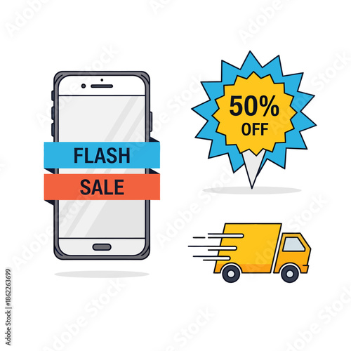 Smartphone with Sale Banner and Delivery Truck.