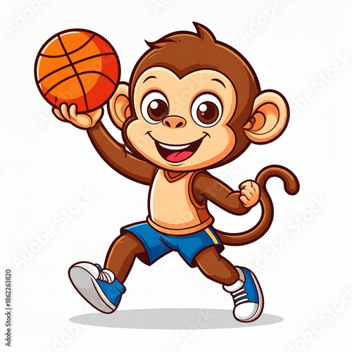 Energetic Monkey Character Running While Holding a Basketball, Playful Cartoon Illustration Expressing Movement, Fun, and Youthful Sports Spirit