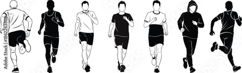 Seven silhouettes of people walking in different attire