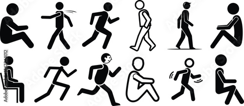 Stick figures depicting various human running and sitting positions