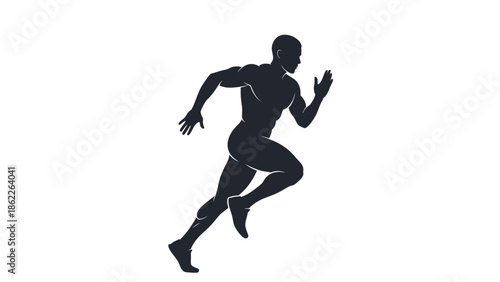 A striking silhouette of an athletic man in mid stride dynamically depicting a running pose against a clear white background