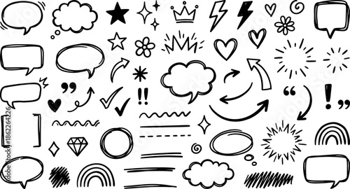 Numerous black and white hand-drawn symbols feature speech bubbles, stars, crowns, hearts, lightning bolts, and various lines used as visual emphasis markers.