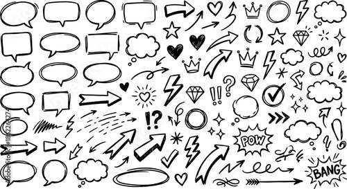 Various hand-drawn communication bubbles, arrows, punctuation marks, hearts, and decorative sparkles form a dense collection of interface elements on a white backdrop.