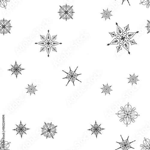 Seamless snowflake pattern with hand-drawn style on transparent background. 