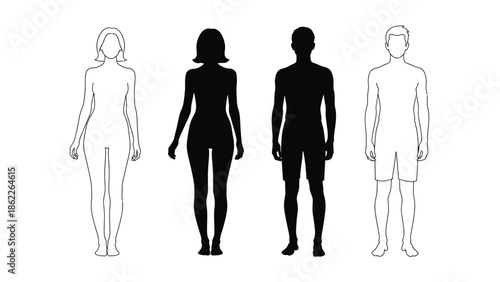 Four minimalist human figures are displayed showcasing variations in gender and color representation from white to black