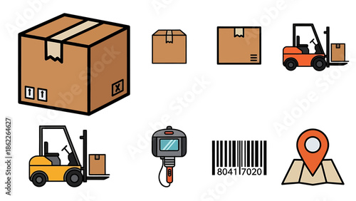 Detailed vector icon collection showcasing essential elements of logistics, package delivery, and modern supply chain operations for various business needs