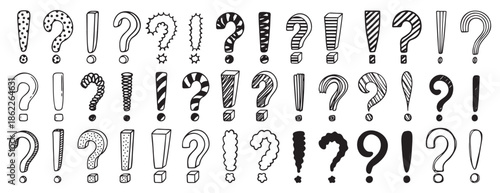 Doodle exclamation mark and question marks set. Hand drawn drawing punctuation symbols, creative ink stroke question exclamation mark icon set.