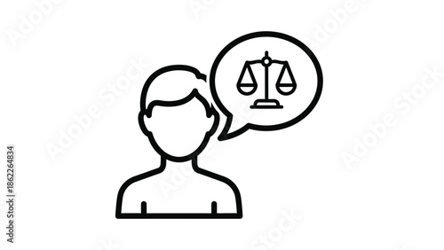 a simple black and white line drawing depicts a person with a thought bubble containing scales of justice above their head
