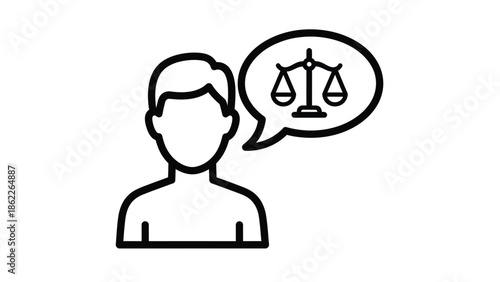 A simple black line drawing depicts a person contemplating legal matters symbolized by scales of justice illustration