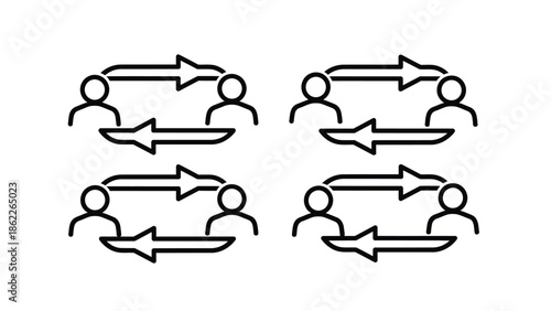 Simple line art depicting human figures connected by circular arrows representing interaction and feedback loops within systems