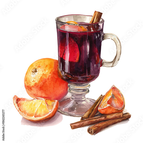Mulled Wine, watercolor illustration, vector style, isolated on a white background.