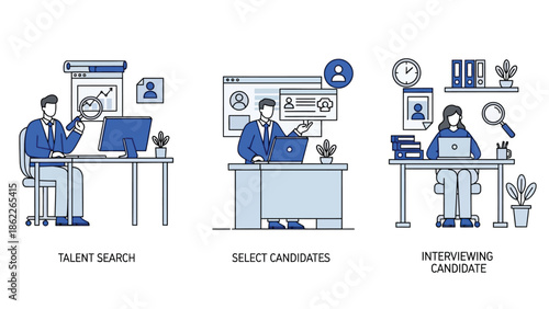 Visualizing the recruitment process talent search candidate selection and interviewing stages depicted through illustrative graphics and office settings
